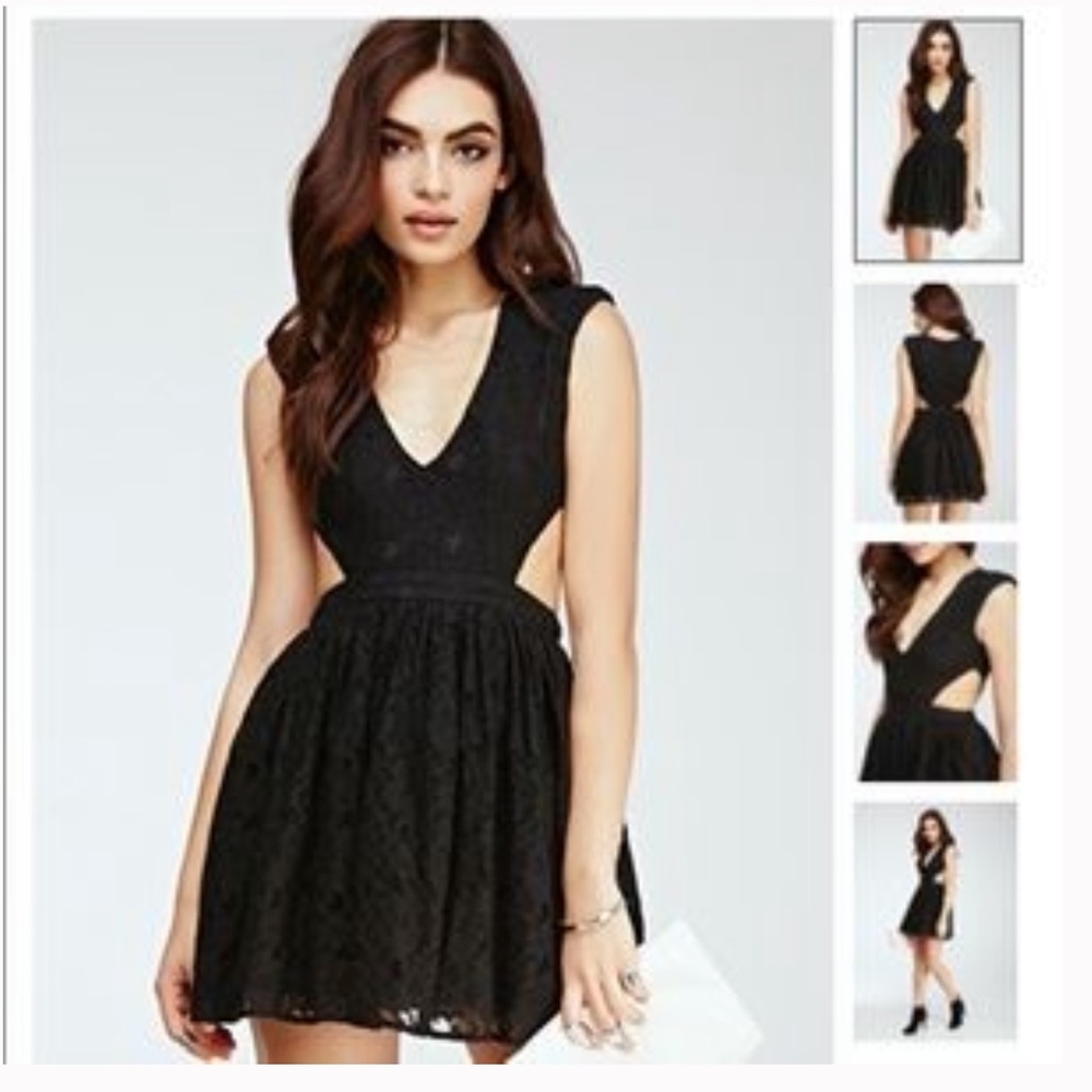Forever 21 Black lace overlay cutout short dress with shoulder pads. Size M.
